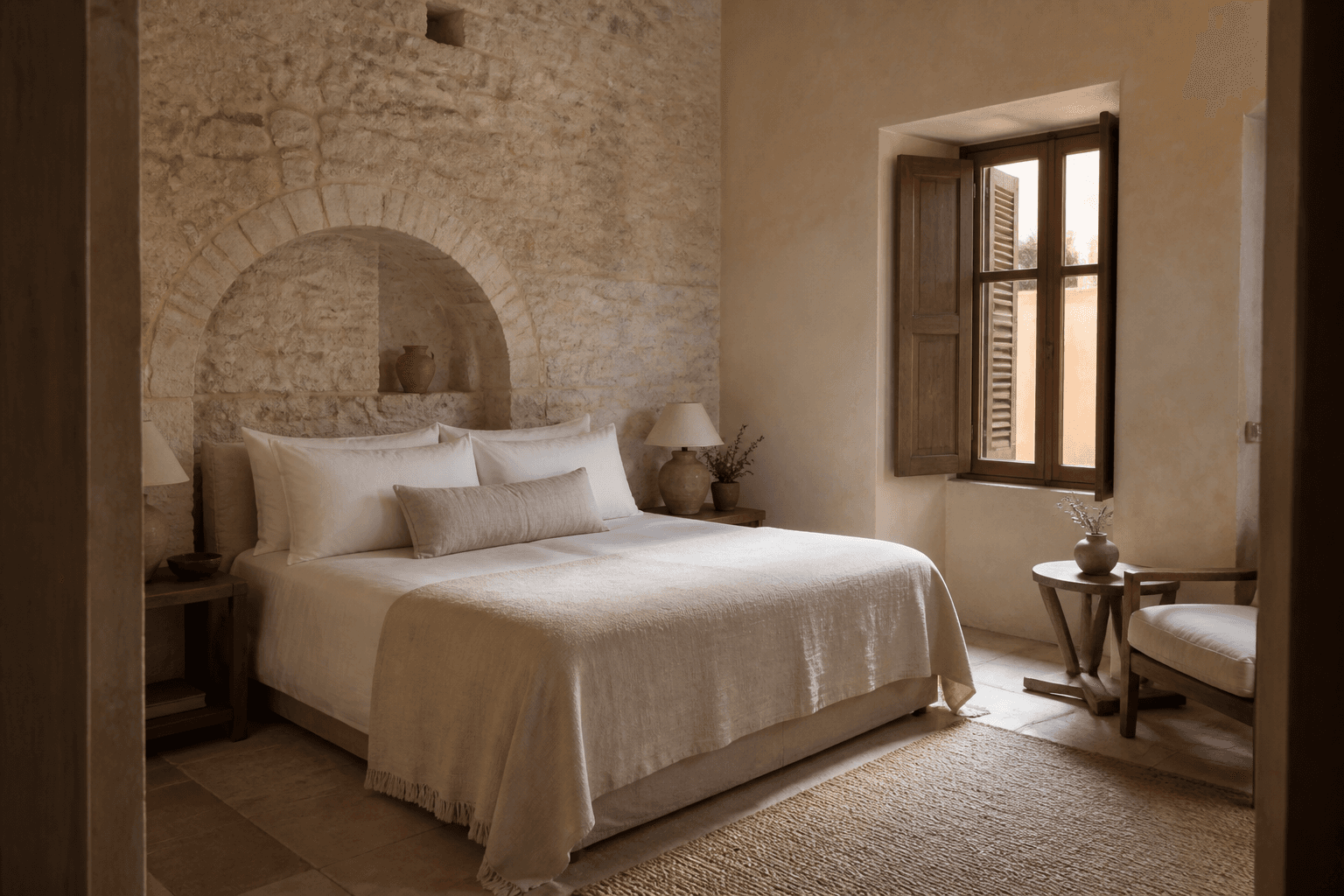 Venetian Room with original limestone arch, oak shutters and natural linen